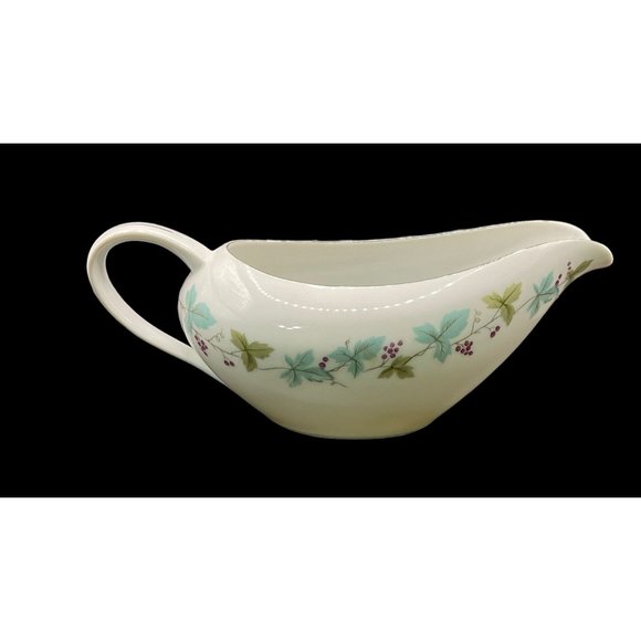 Vintage Fine China #6701 Gravy Boat Japan Blue Green Leaves Purple Grape Pattern - Picture 1 of 6